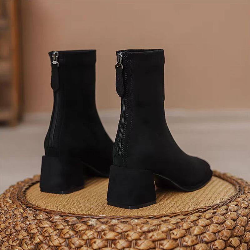Женские осенне-зимние ботильоны из французской замши на высоком каблуке, новинка 2025 года, ботильоны на толстом каблуке с квадратным носком, тонкие ботильоны Мартин, женские ботинки-носки