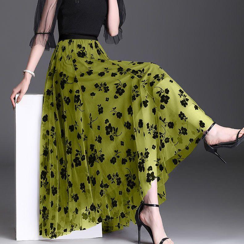 Korean Women Tulle Skirt Fashion Summer Hook Floral Loose Midi Skirt Elegant Female Casual All Match Mesh Skirts