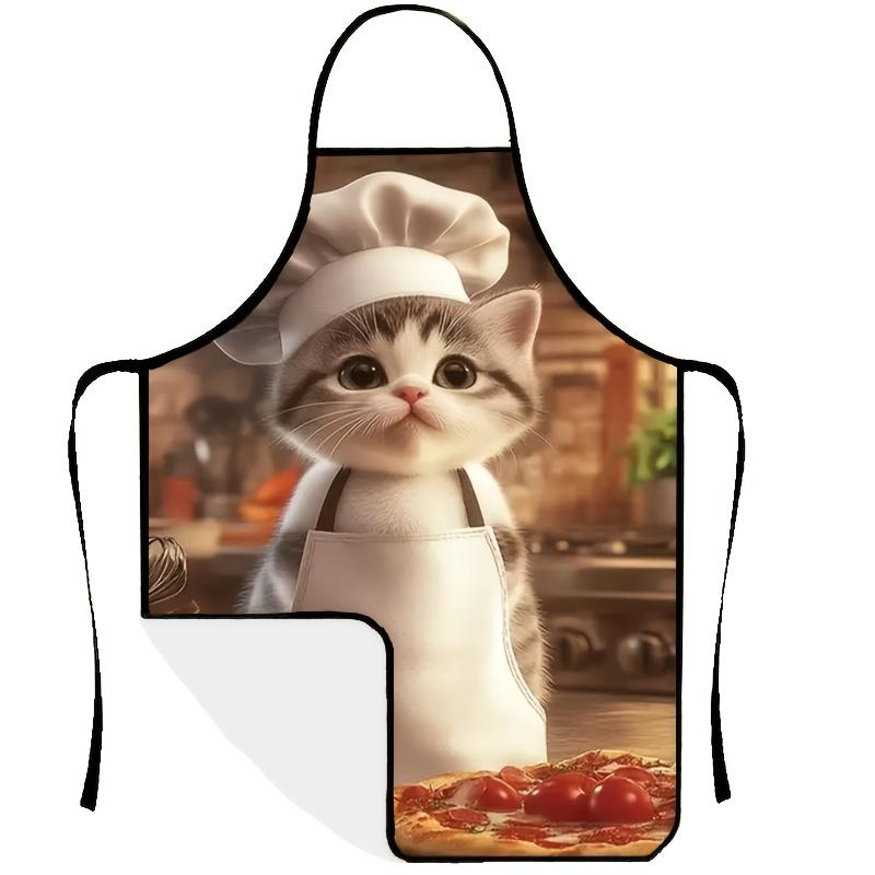 Chic Plus Size Apron With Cute White Cat & Pizza Print - Durable Polyester, Perfect For Cooking, Baking, Gardening & Pet Care