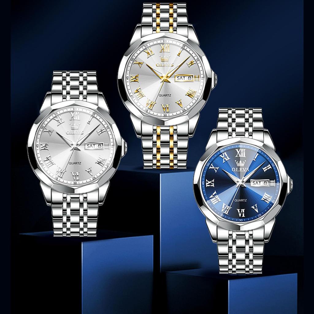 OLEVS Analog Popular Business Arm Fashion Silver White Blue Stainless Steel Silver Watch for Luminous Pressure Easy To Read Arm Easy To Wear Men's