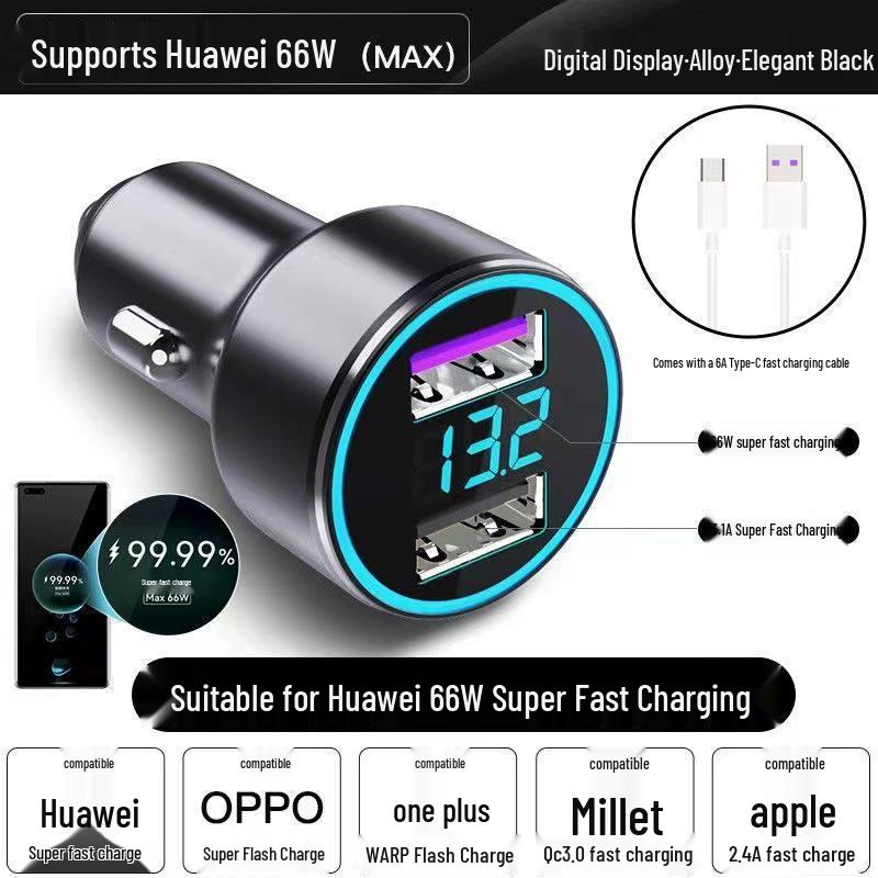 Быстрое автомобильное зарядное устройство 66 Вт для Huawei, OPPO и Apple - Подходит для гнезда прикуривателя 120 Вт