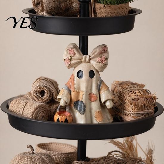 Warm Glow Decoration Light Halloween Lighted Patchwork Ghost Figurine, Light-Up Bow with Pumpkin Vintage Figurine Lantern, Ghosts Lamp for Holiday