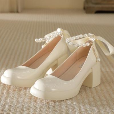 Туфли на толстом каблуке женские новые свадебные туфли жемчужные туфли для подружек невесты белые туфли туфли на высоком каблуке Мэри Джейн женские туфли