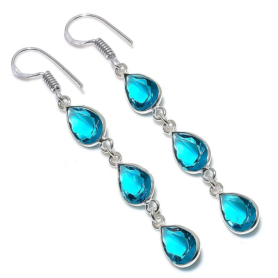 Swiss Blue Topaz Gemstone 925 Sterling Silver Jewelry Earring 2.44"