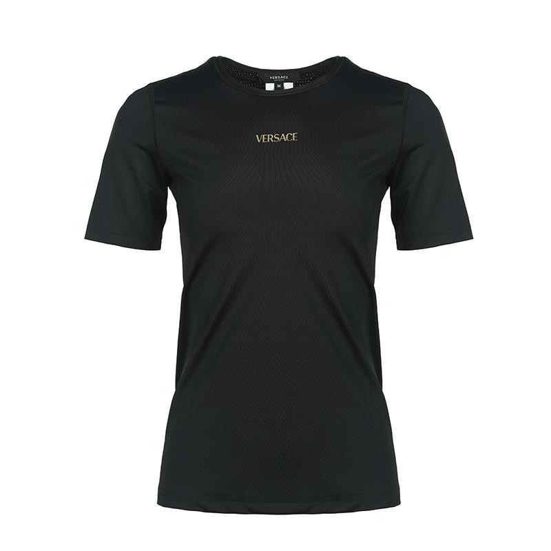 Versace Однотонная футболка с логотипом-буквой, облегающая, с коротким рукавом, женские топы, черный, 1006534-1A023-221B000