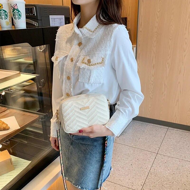 Rilibegan Embroidered Camera Bag Pu Material Casual Compact Square Bag Versatile Single Shoulder Bag Printed Shoulder Belt