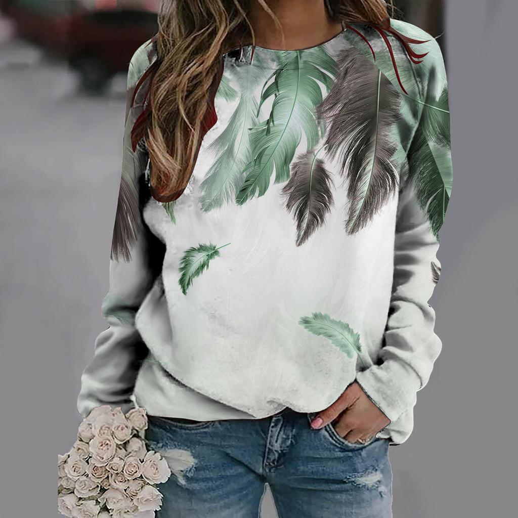 2024 Европейский и Американский женский 3D Перо Печатный Круглый вырез Повседневный и модный Топ CudgeonTee