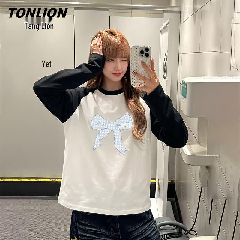 Женская футболка TonLion из чистого хлопка с длинным рукавом и бантом
