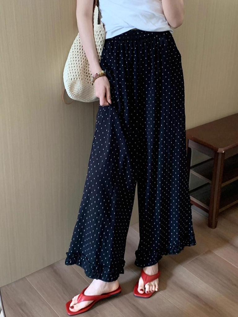 Women's Polka Dot Maternity Wide-Leg Cropped Pants – Slimming, Lightweight, Age-Reducing, Chubby-Friendly with Unique Wood Ear Edge