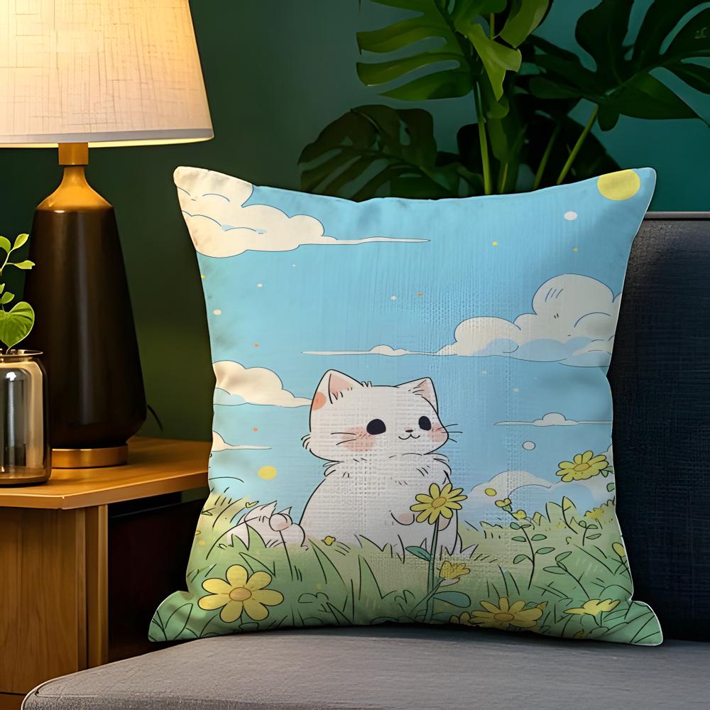 Spring Sunshine Cat Illustrations  Pillow Case Natural Linen Pillow Case DoubleSided Decor Sofa Pillowcase Home Decor