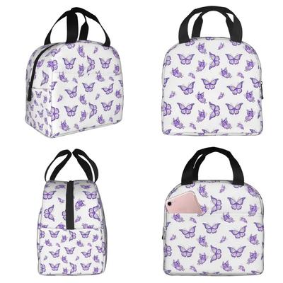 The Purple Butterfly Print Insulated Lunch Bag for Women Office Cooler Thermal Food Box Tote Portable Lunch Boxes Container