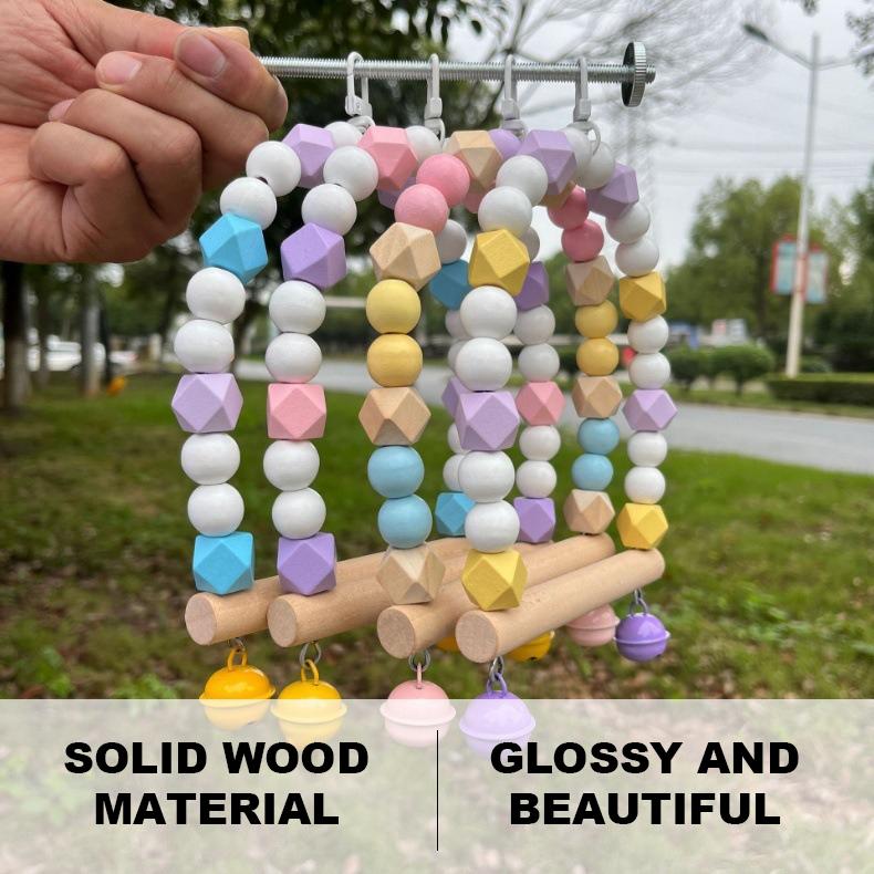 Pet Toy Parrot Bird Swing Macaron Colored Bell Solid Wood Environmentally Friendly Hanging Bird Cage Stand Pole Pet Supplies