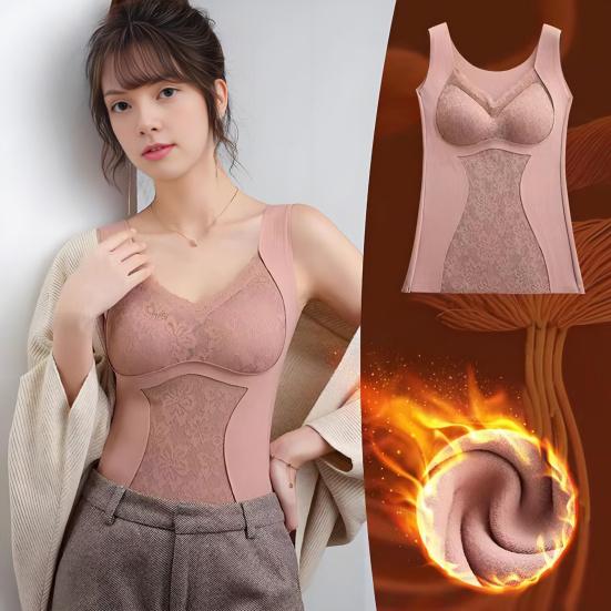 Sleeveless Thermal Tank Top for Women Fleece Lined Lace V Neck Base Layer with Built In Bra Warm Camisole Undershirts for Cold Weather