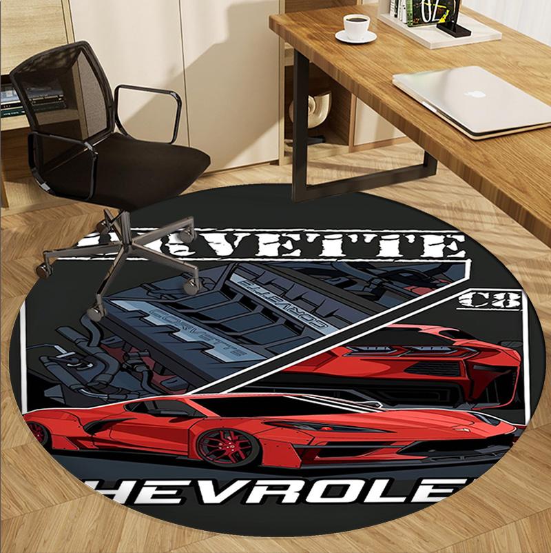 Chevrolet Corvette Pattern Round Rug, Indoor/Outdoor Mat, for Picnic, Gameroom, Bedroom, Office, Living Room, Home Decor Carpet, Birthday Gift