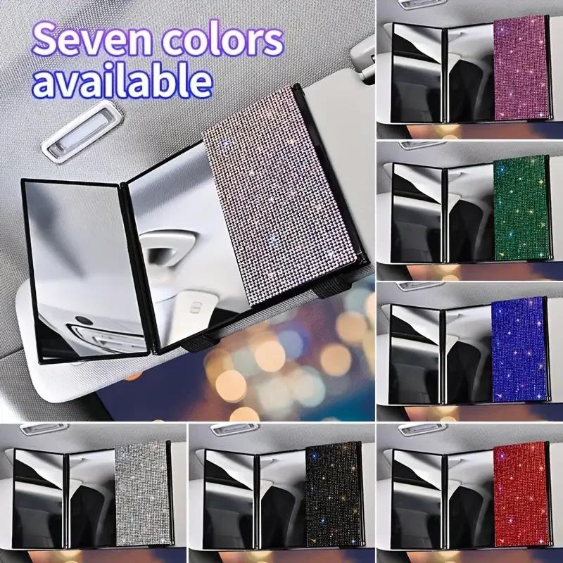 Rhinestone Crystal Car Rear View Mirror Makeup and Magnification Three-mirror Sun Visor Decor Cosmetic Mirror Auto Accessories Interior Mirrors6