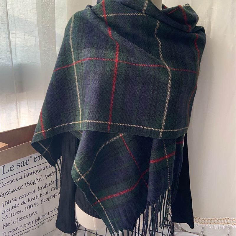 New imitation cashmere retro British fringed plaid scarf women's autumn and winter thickened warm scarf fashion shawl dual-purpose