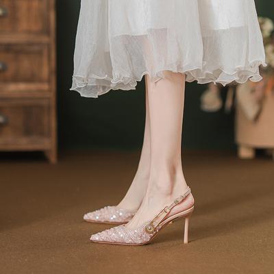 Осень и лето новые французские остроносые розовые стразы пайетки шпилька сандалии с открытым носком туфли на высоком каблуке модная обувь