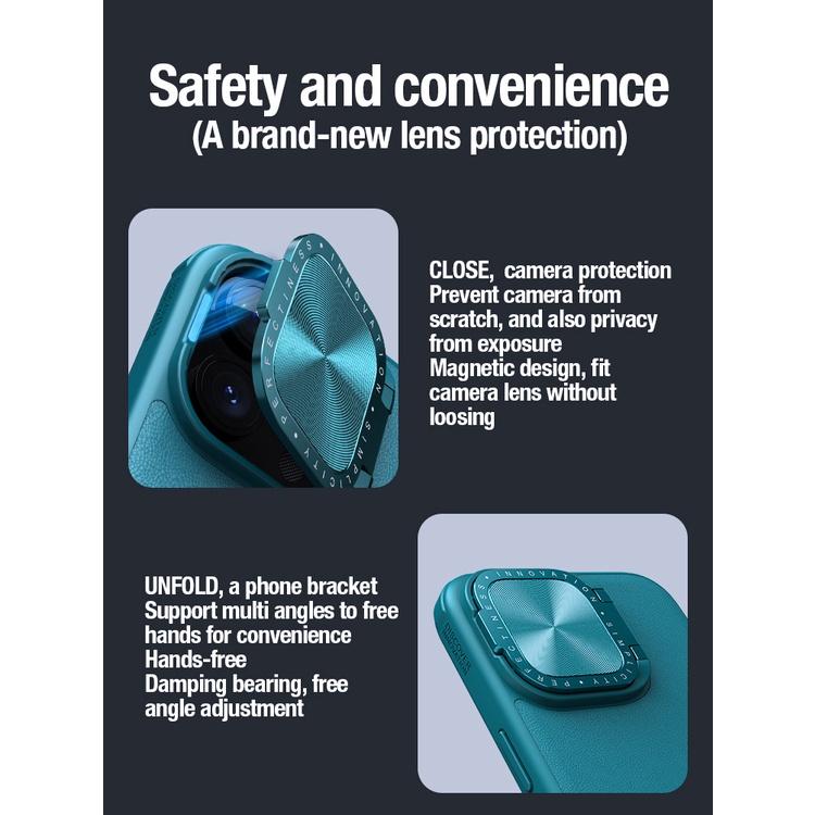 NILLKIN Роскошный кожаный чехол CamShield Prop для iPhone 15 Pro Max, чехол для телефона, противоударная задняя крышка из сплава с креплением для камеры