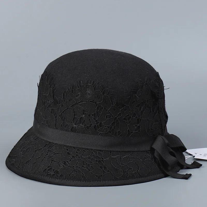 Французская модная шляпа-цилиндр из кружевной шерсти для светской львицы, элегантная шляпа для леди в стиле ретро, молочно-белого цвета, теплая шляпа для рыбалки