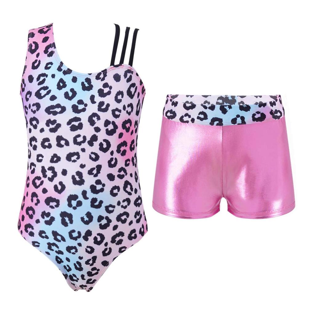 Детский купальник с асимметричными бретелями для девочек и шортами с принтом для гимнастических занятий йогой, танцевальными видами спорта