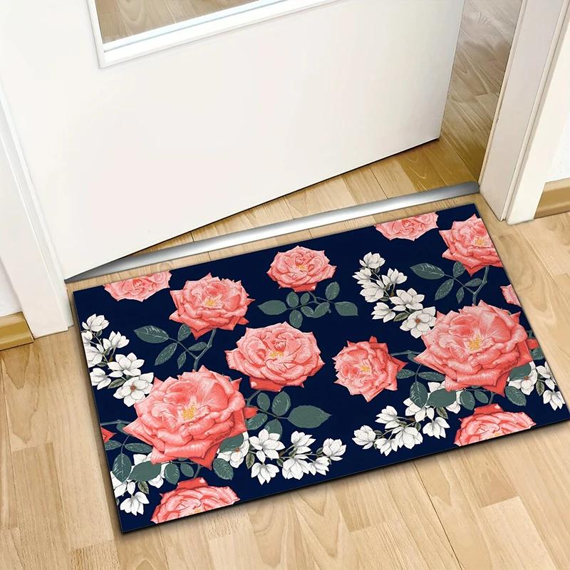Rose Printed Door Mat Bedroom Bedside Carpet Anti Slip Balcony Bathroom Absorbent Footpad Flannel Decor Rug for Home Living Room
