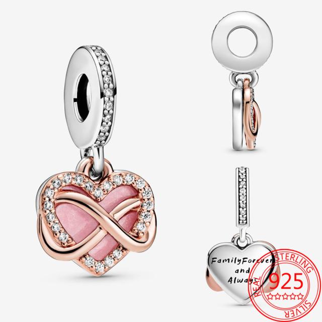 Real New Rose Gold Heart Padlock Double Charm Fit Fashion Snake Bracelet 925 Sterling Silver Charms Jewelry Girls Gift Making