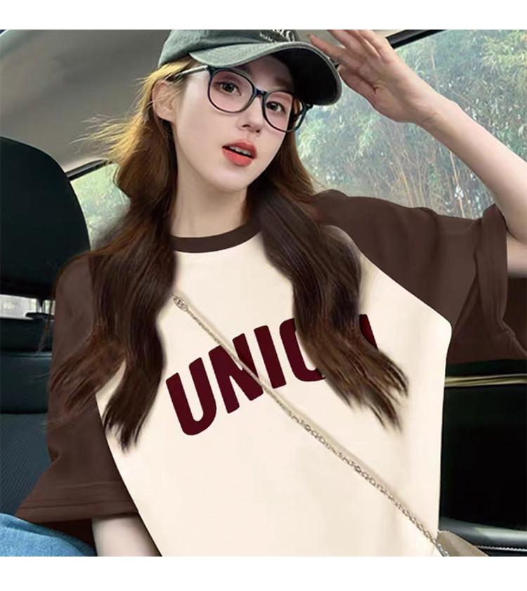 2025 Summer New Loose Casual Color Contrast Splicing Letter Printed Short-sleeved T-shirt for Women
