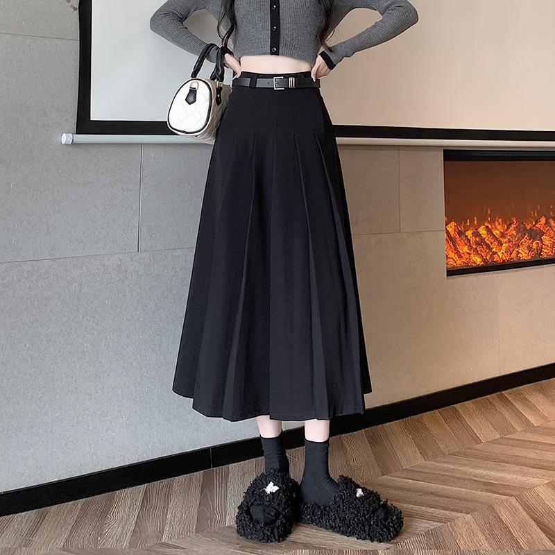 Autumn Women's Suit Skirt Half-body Skirt Medium Long Pleated Skirt High Waist Draped A-line Skirt Tide with Belt