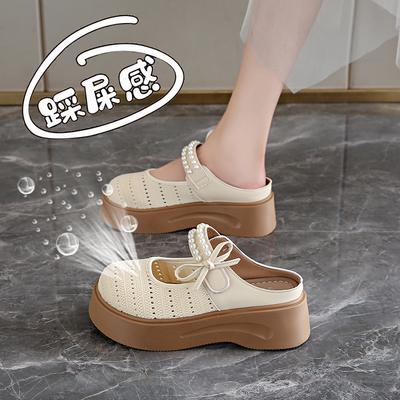 Женские сандалии Мэри Джейн на толстой подошве с французским бантом, лето 2025, новые, полые, дышащие, с закрытым носком, полушлепанцы, размер 34