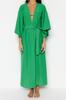 Women's Fashion New Kimono&Kaftan Green Belted Maxi Woven Linen Look KimonoKaftan