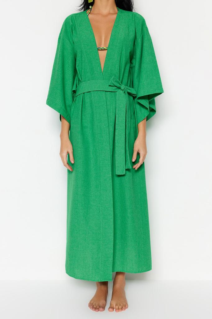 Women's Fashion New Kimono&Kaftan Green Belted Maxi Woven Linen Look KimonoKaftan