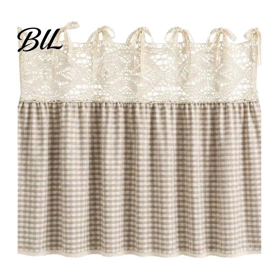 Decorative Fabric Oven Handle Wrap Farmhouse Stove Skirt, Plaid Crochet Lace Curtain, Easy Install Strap Shade Skirt Curtain with Ties for Cottage