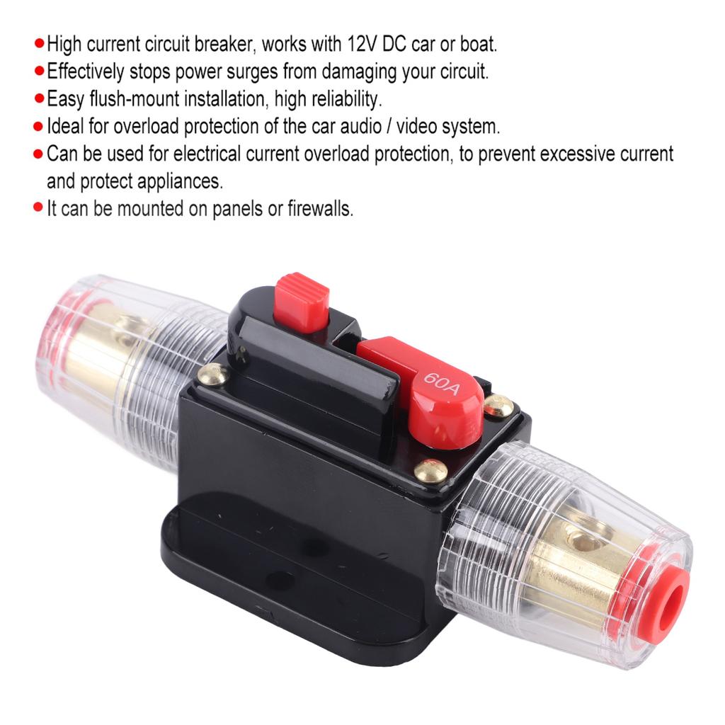 Auto 12V 60 Amp Car Boat Audio Manual Reset Circuit Breaker Switch Fuse Support