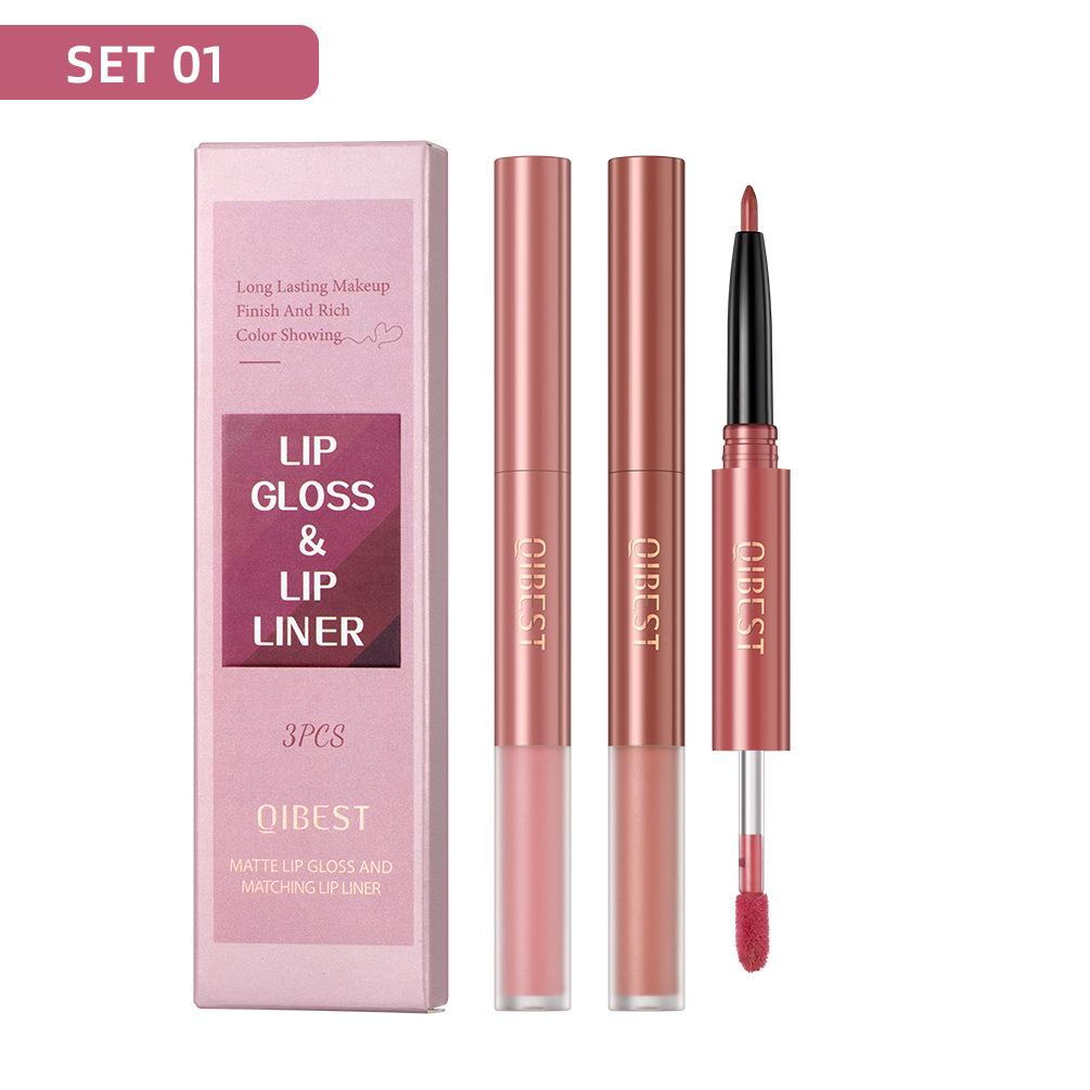 3Pcs/set Dual-head Lip Gloss Lip Liner Pencil 2-in-1 Set Waterproof Matte Velvet Non-smudge Dual-head Lip Glaze Lip Liner Lipstick Set