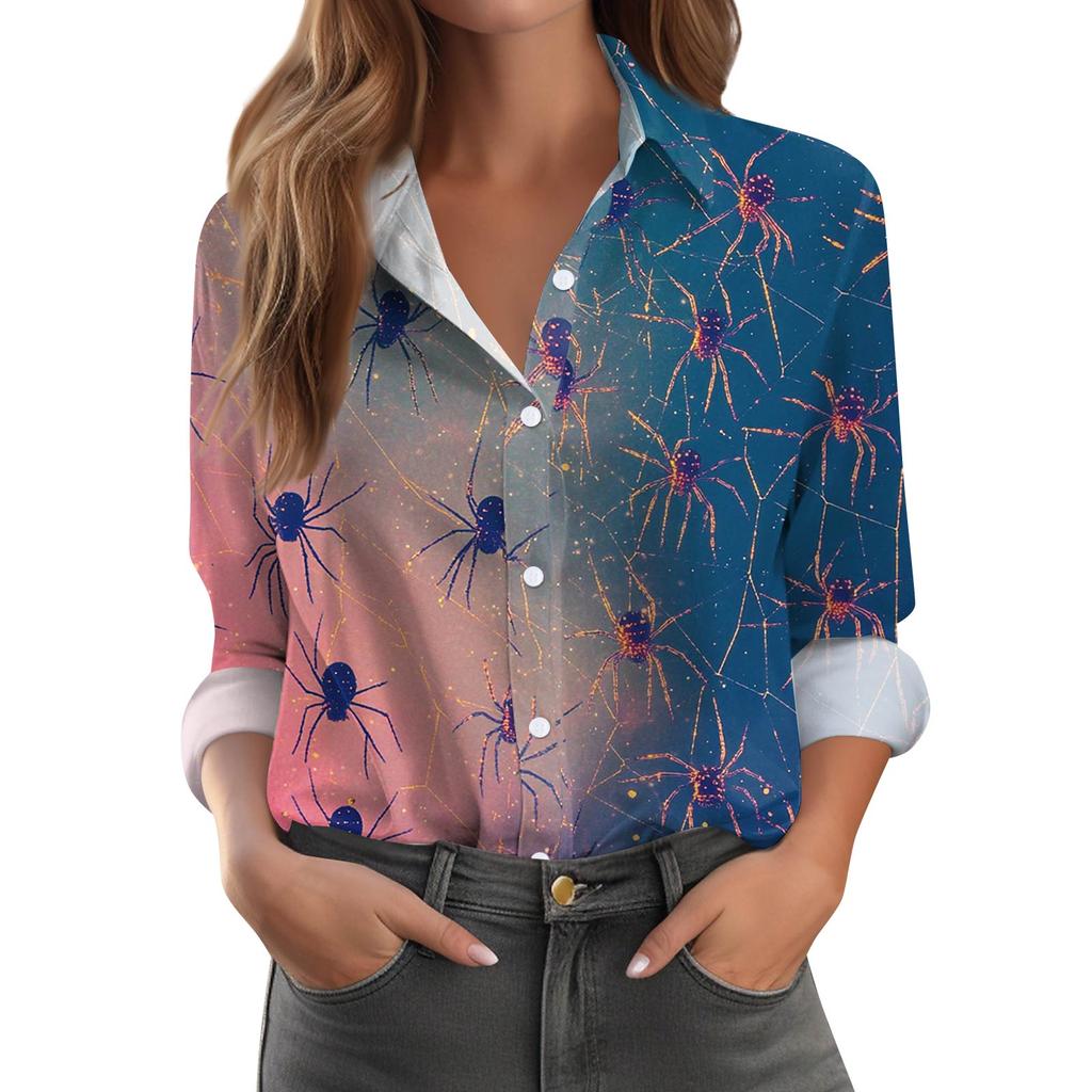 Женская рубашка-блузка с принтом и пуговицами, длинный рукав, повседневный базовый рубашечный воротник, обычный топ