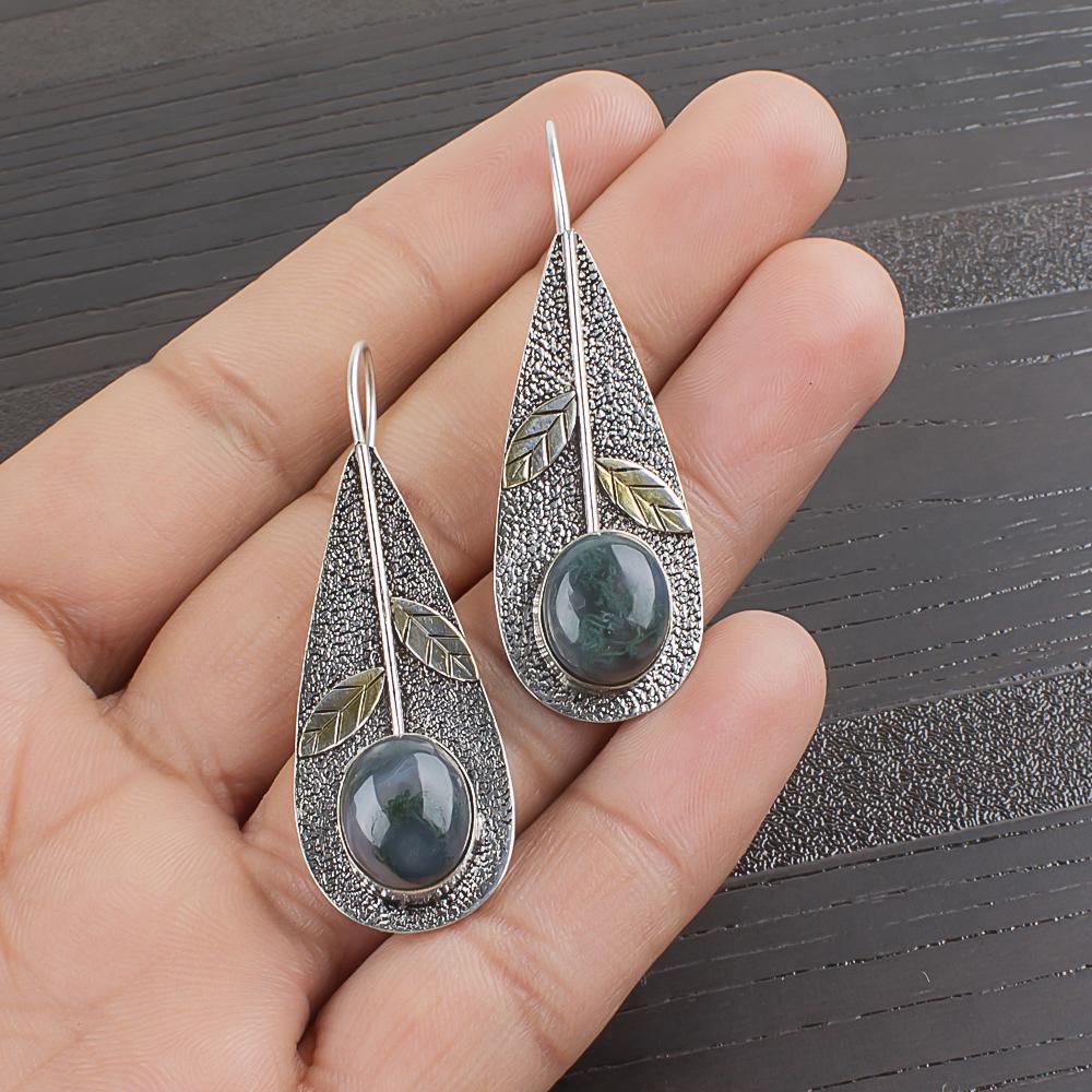 Серьги из цельного серебра 925 пробы с моховым агатом, серьги с драгоценными камнями ручной работы, подарки жене, абсолютно новые серьги