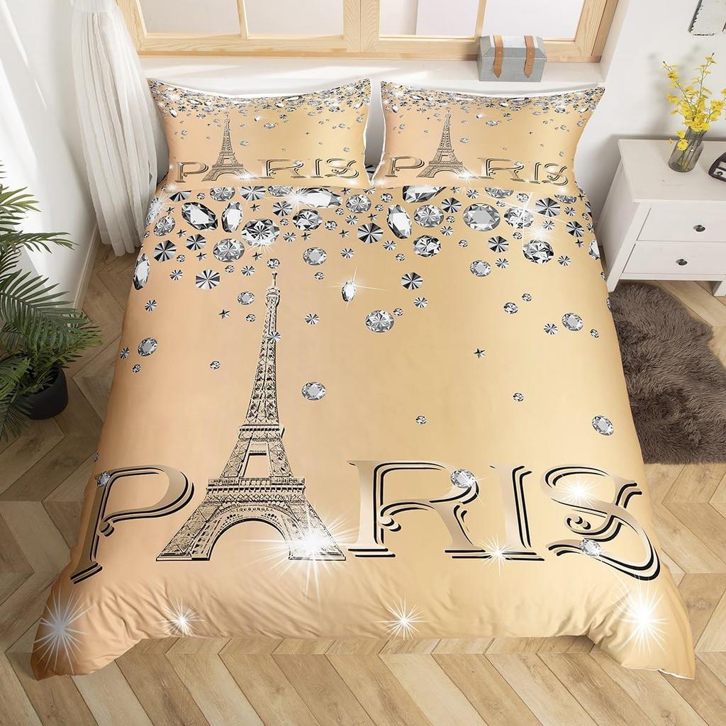 Watercolor Blue Sequin Duvet Cover Queen King Size Girls Teen Bedding Set Eiffel Tower Ombre Diamond Quilt Cover Home Decor