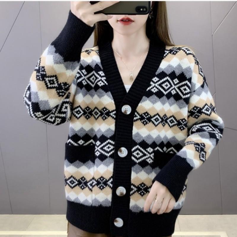 Женский oversized вязаный кардиган в винтажном бохо стиле, с длинным рукавом, V-образным вырезом, толстый теплый свитер