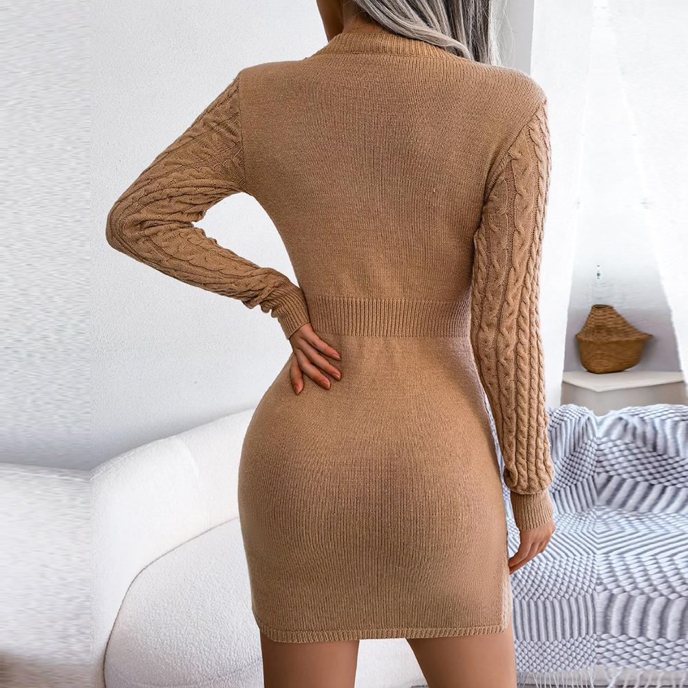 Осень-зима сексуальное полое твист с высокой талией и круглым вырезом с длинными рукавами, однотонное вязаное платье-свитер на бедрах SL
