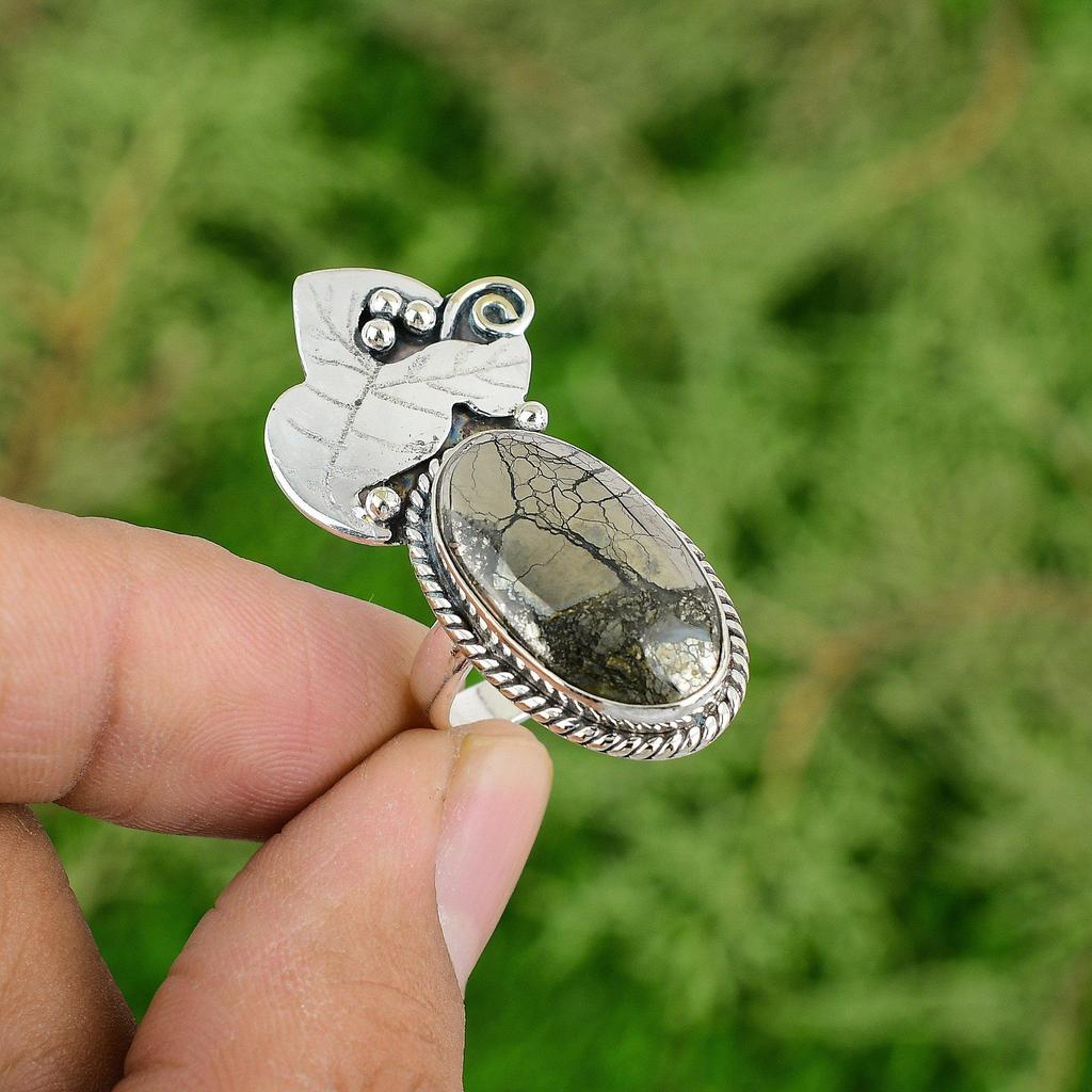 Mothers Day Sale Oval Pyrite Stone Solitaire Ring 925 Sterling Silver US 6.75