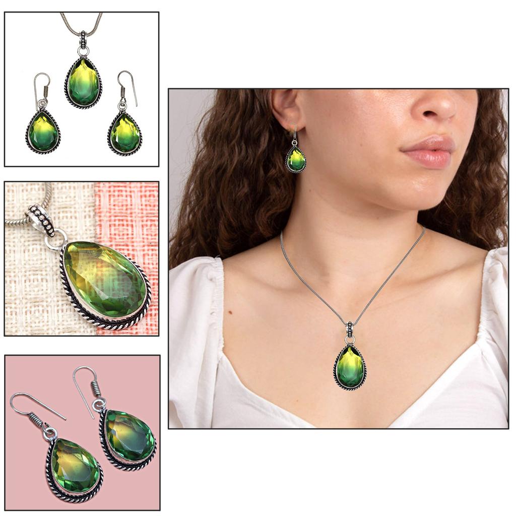 Green Tourmalinne Gemstone Mother's Day Jewelry Pendant Earring Set