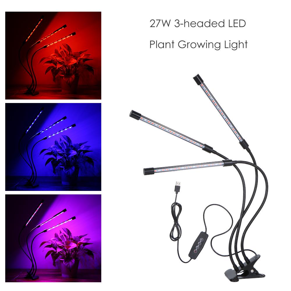 DC5V 27W 3-headed LED Plant Growing Light with Adjustable 360 Degrees  Goosenecks Red and Blue Light Bulbs