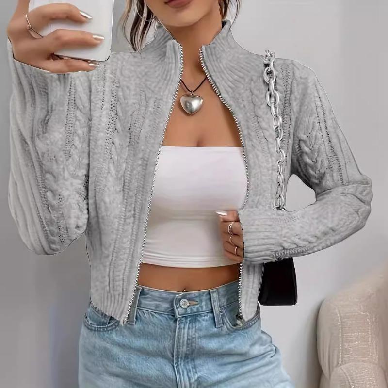 Женская одежда весна и осень воротник-стойка темпераментный деловой стиль легкий и зрелый стиль молния длинный рукав вязаный кардиган куртка