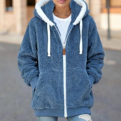 Женская модная однотонная куртка с длинными рукавами, свободного кроя, с капюшоном, карманами, на молнии, плюшевая, теплая