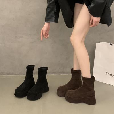 Модные женские ботинки на платформе Весна Осень Замшевые модные ботильоны Эластичные Слипоны Женская обувь Повседневные Однотонные На массивном высоком каблуке Ботильоны