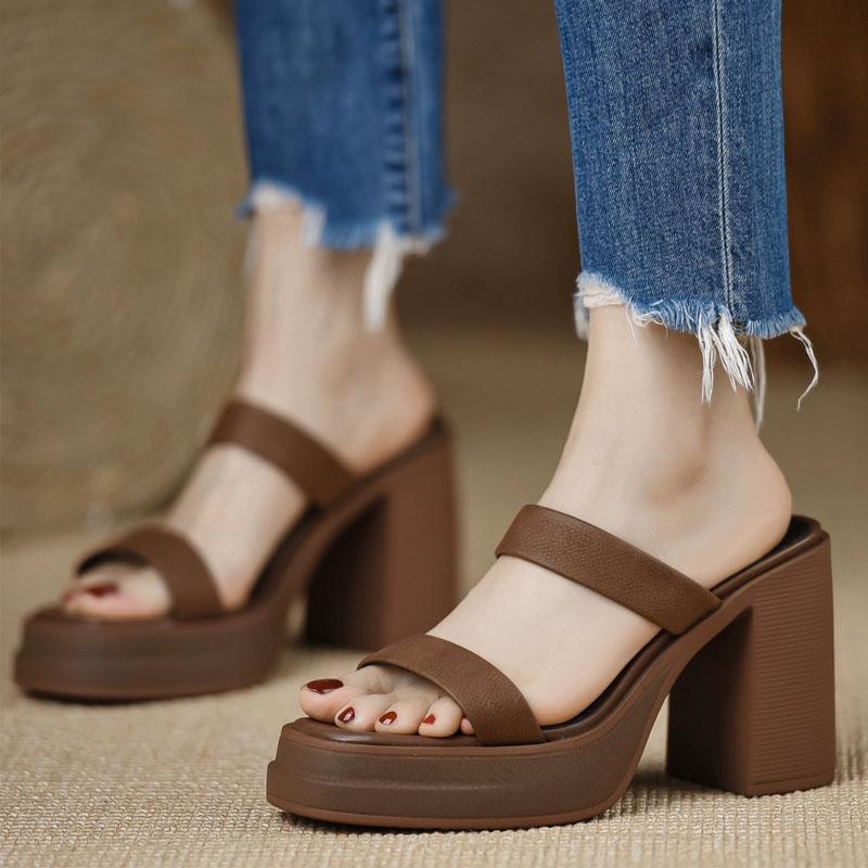 Summer Women Heels Concise Leather Thin Straps Slippers Block Heel Platform Sandals Elegant 8cm High Heels Fashion Party Shoes