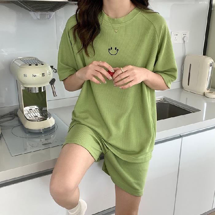 Женская вафельная пижама с длинными рукавами: Смайлик, Из двух частей, Круглый вырез, Милая домашняя одежда