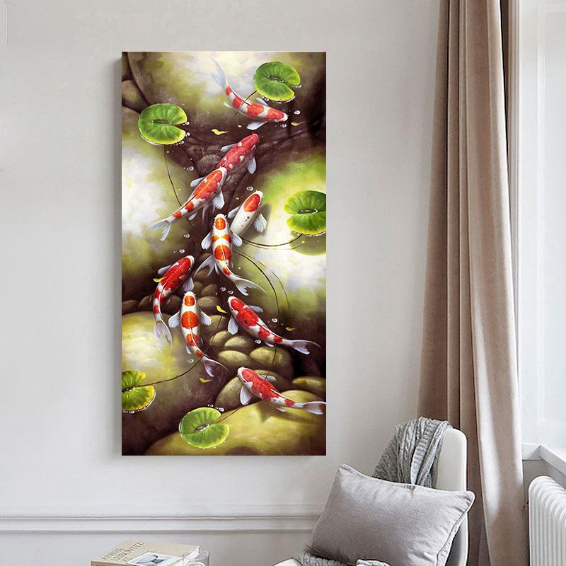 Потрясающая абстрактная картина на холсте с кои и цветком лотоса для декора стены, мурал в прихожей, спальне и гостиной