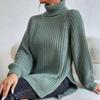Turtleneck Raglan Long Sleeves Side Split Hem Women Sweater Winter Solid Color Loose Warm Sweater Jumper