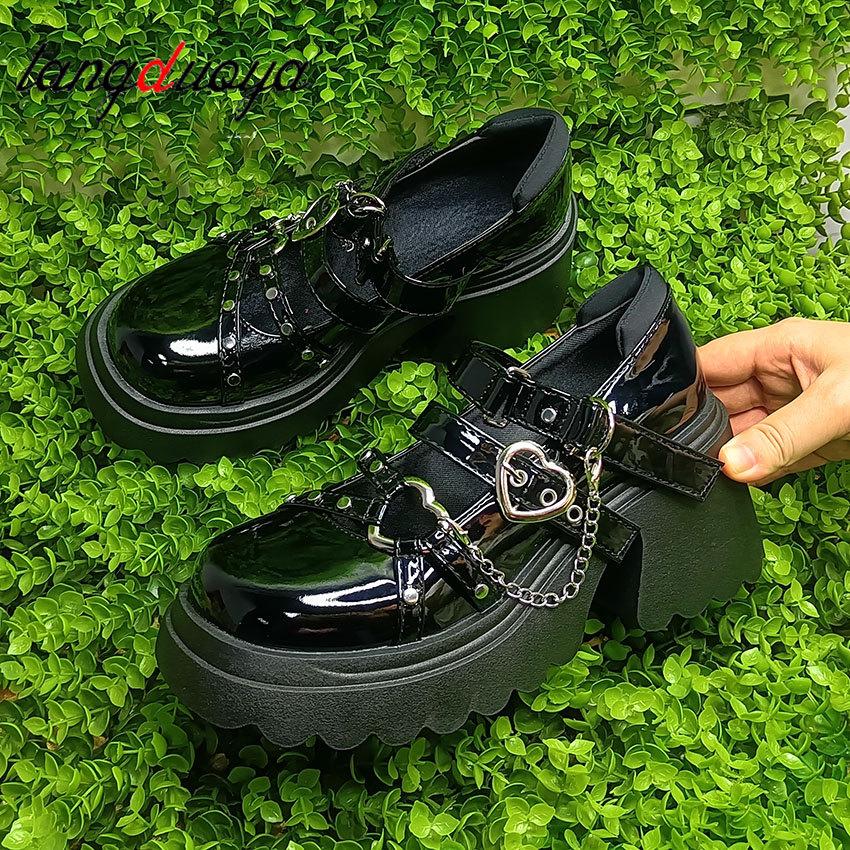 Fashion Gothic Style Shoes Platform Lolita Shoes Female Chain Heart Buckle Mary Janes Shoes High Platform Shoes Women's Punk Shoes Y2K
